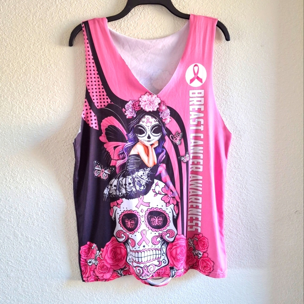 Hot Pink Dia De Los Muertos Calavera Breast‎ Cancer Awareness Sleeveless Cut Out